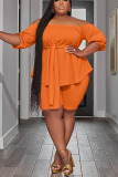 Black Casual Solid Bandage Patchwork With Belt Off the Shoulder Plus Size Two Pieces