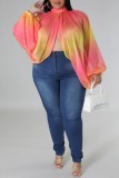 Pink Casual Print Patchwork Turtleneck Plus Size Tops