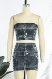 Blue Street Print Patchwork Strapless Sleeveless Two Pieces