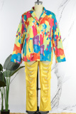 Yellow Casual Print Hollowed Out Patchwork Turn-back Collar Plus Size