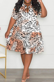 Green Casual Print Patchwork Fold Turndown Collar A Line Plus Size Dresses