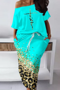 Light Green Casual Street Print Patchwork Oblique Collar Short Sleeve Two Pieces