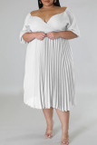 White Casual Solid Patchwork Fold V Neck Straight Plus Size Dresses