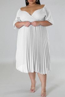 White Casual Solid Patchwork Fold V Neck Straight Plus Size Dresses