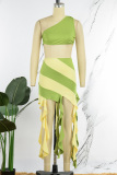 Green Sexy Patchwork Tassel Bandage Backless Contrast Oblique Collar Sleeveless Two Pieces