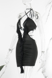 Black Sexy Solid Patchwork Flounce Halter Pencil Skirt Dresses