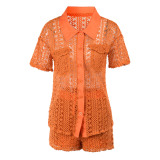 Tangerine Red Casual Solid Hollowed Out Patchwork Buckle Turndown Collar Short Sleeve Three Pieces