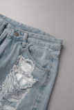 Sky Blue Street Solid Ripped Make Old Patchwork High Waist Denim Jeans