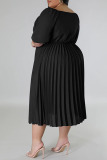 Black Casual Solid Patchwork Fold V Neck Straight Plus Size Dresses