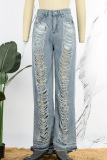 Sky Blue Street Solid Ripped Make Old Patchwork High Waist Denim Jeans