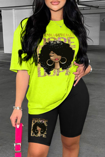 Fluorescent Green Casual Print Basic O Neck Short Sleeve Two Pieces