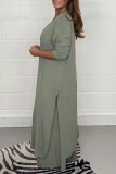 Green Casual Solid Slit V Neck Long Sleeve Two Pieces