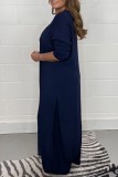Deep Blue Casual Solid Slit V Neck Long Sleeve Two Pieces