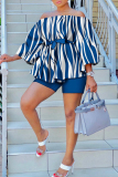Blue Stripe Casual Print Patchwork Off the Shoulder Long Sleeve Two Pieces