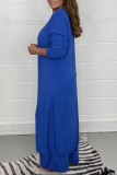 Deep Blue Casual Solid Slit V Neck Long Sleeve Two Pieces