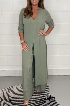 Green Casual Solid Slit V Neck Long Sleeve Two Pieces