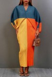 Orange Khaki Casual Print Patchwork V Neck Pencil Skirt Plus Size Dresses