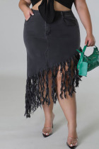 Black Casual Solid Tassel Patchwork Asymmetrical High Waist Straight Solid Color Plus Size Denim Shorts