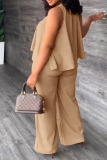 Khaki Casual Solid Patchwork O Neck Plus Size Two Pieces