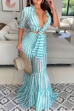 Blue Casual Striped Print Patchwork Frenulum V Neck Half Sleeve Two Pieces