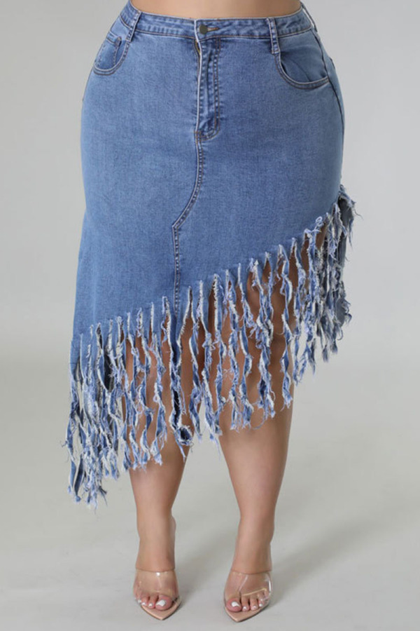 Light Blue Casual Solid Tassel Patchwork Asymmetrical High Waist Straight Solid Color Plus Size Denim Shorts