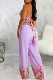 Light Purple Sexy Print Bandage Hollowed Out Patchwork Backless Sleeveless Two Pieces