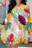 Cream White Casual Print Patchwork Off the Shoulder Straight Dresses