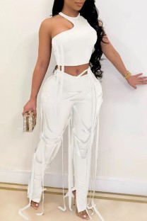White Sexy Casual Solid Tassel Patchwork Asymmetrical O Neck Sleeveless Two Pieces