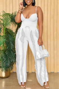 White Sexy Casual Solid Tassel Backless Spaghetti Strap Sleeveless Two Pieces