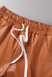 Dark Brown Sexy Solid Patchwork Regular High Waist Conventional Solid Color Shorts