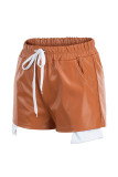 Dark Brown Sexy Solid Patchwork Regular High Waist Conventional Solid Color Shorts