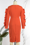 Tangerine Red Elegant Solid Patchwork Stringy Selvedge O Neck One Step Skirt Dresses