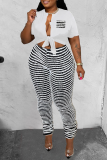 Black Sexy Casual Street Striped Pocket Frenulum V Neck Short Sleeve Two Pieces