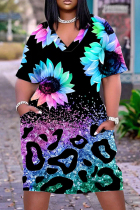 Black Purple Casual Print Patchwork Basic V Neck Short Sleeve Dress
