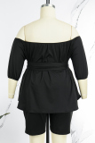 Black Casual Solid Bandage Patchwork With Belt Off the Shoulder Plus Size Two Pieces