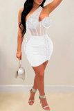 White Sexy Patchwork Hot Drilling Patchwork Backless Oblique Collar Sleeveless Dress Dresses