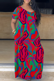 Rose Red Casual Print Basic V Neck Short Sleeve Dress