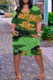 Green Casual Print Patchwork Basic V Neck Short Sleeve Dress