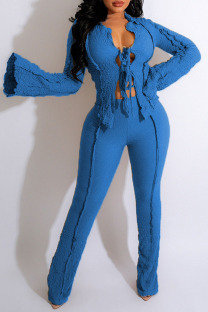Blue Sexy Casual Work Solid Patchwork Frenulum Turndown Collar Long Sleeve Two Pieces