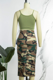 Army Green Sexy Street Print Camouflage Print Patchwork Slit Spaghetti Strap Sleeveless Two Pieces