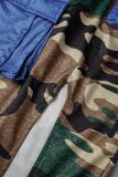 Army Green Sexy Street Print Camouflage Print Patchwork Slit Spaghetti Strap Sleeveless Two Pieces