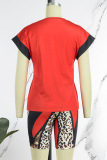 Red Casual Print Patchwork O Neck Short Sleeve Two Pieces