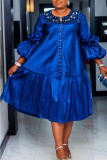 Blue Casual Solid Patchwork Buckle Beading Fold O Neck Straight Plus Size Dresses
