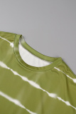 Green Casual Work Elegant Striped Frenulum Printing O Neck Short Sleeve Two Pieces