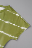 Green Casual Work Elegant Striped Frenulum Printing O Neck Short Sleeve Two Pieces
