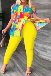 Yellow Sexy Casual Print Printing Contrast Off the Shoulder Short Sleeve Two Pieces
