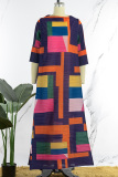 Light Coffee Street Geometric Print Patchwork O Neck Long Dress Dresses(The Front Piece Is Shorter)