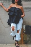 Black Sexy Casual Solid Patchwork Backless Strapless Tops