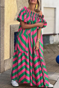 Pink Casual Vacation Striped Fold Printing Off the Shoulder Printed Dress Dresses