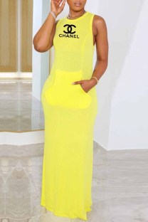 Yellow Casual Print Slit Letter O Neck Straight Dresses